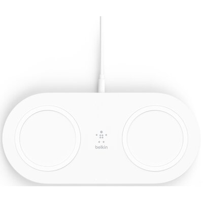 Belkin Bezprzewodowa ładowarka z dwoma padami do ładowania (bezprzewodowa podwójna ładowarka, 15 W) 2 urządzenia, takie jak iPhone, AirPods, Galaxy i Pixel jednocześnie i szybko ładuje biała WIZ008vfWH