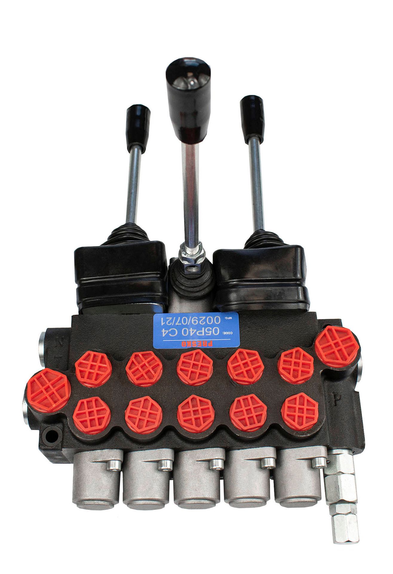 Rozdzielacz hydrauliczny Presko 5-sekcyjny 40l, 2 joysticki +1 dźwignia