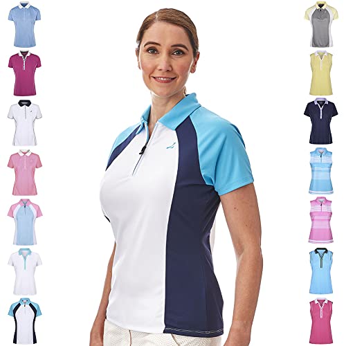 Under Par Under Par Damska koszulka polo Golf Pro wysokiej jakości oddychająca odprowadzająca 5 stylów 10 kolorów z rękawem i bez rękawów golfowa koszulka polo Style 1673 - White/Navy/Summer Blue 12 UPLTS1673_WHNSB_12