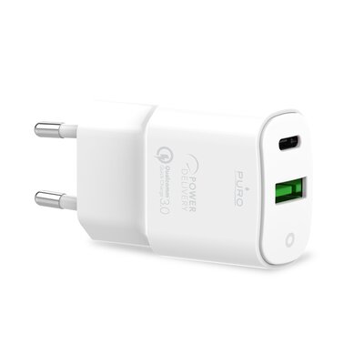 PURO White Mini Fast Travel Charger - Ładowarka sieciowa USB-A + USB-C Power Delivery 20W (biały)
