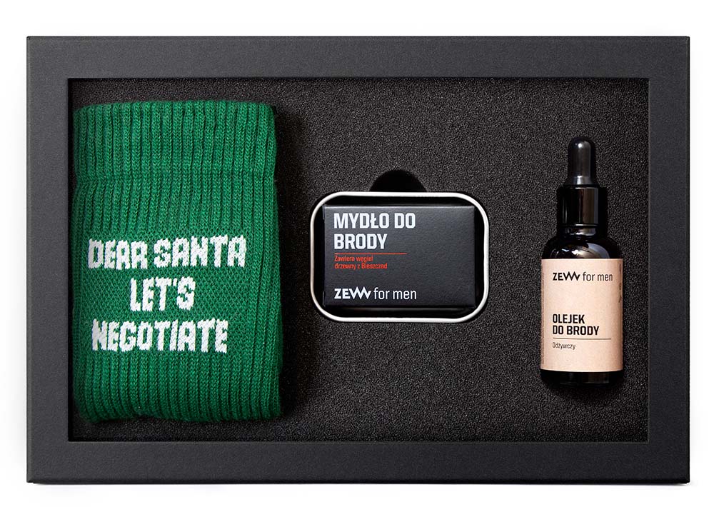 ZEW for men, zestaw prezentowy Świąteczny Drwal, mydło + olejek do brody + skarpety zielone, 85ml+30ml