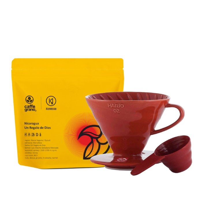 CAFFE GRANO KOLEKCJA Ceramiczny Drip Hario V60-02 + Kawa ziarnista Caffe Grano Kenia Kugurumai AA 250g 10058-uniw