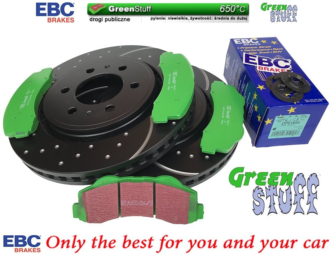 Przednie klocki GreenStuff + NAWIERCANE NACINANE tarcze hamulcowe EBC seria GD Ford F-150 2010-