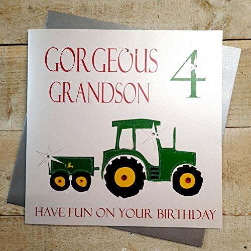 białe bawełniane kartki 'Gorgeous Grandson 4 Have Fun', ręcznie robiona kartka 4-te urodziny, traktor