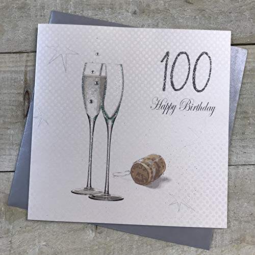 WHITE COTTON CARDS białe bawełniane kartki 100 szczęśliwych, ręcznie wykonana kartka na 100. urodziny, szampań/srebro