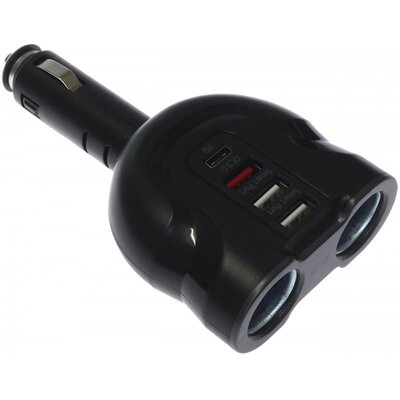 Qoltec Samochodowy rozdzielacz gniazda zapalniczki 12-24V | 52W | 2.4A |2xUSB | USB QC 3.0 | USB-C PD | 2xgniazdo zapalniczki