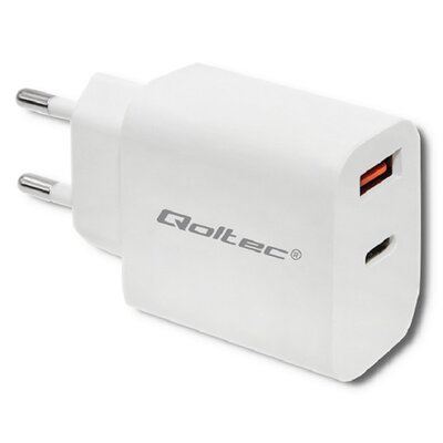 Qoltec Ładowarka sieciowa | 18W | 5-12V | 1.5-3A | USB typ C PD | USB QC 3.0 | Biała