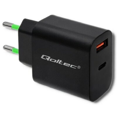 Qoltec Ładowarka sieciowa | 18W | 5-12V | 1.5-3A | USB typ C PD | USB QC 3.0 | Czarna