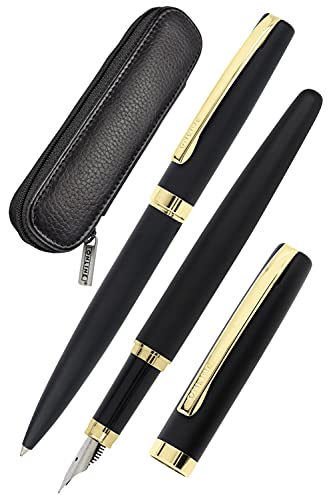 ONLINE Zestaw do pisania Eleganza I zawiera długopis, pióro, etui z prawdziwej skóry I kolor czarny i złoty I 3-częściowy I w wysokiej jakości pudełku prezentowym I wypełniacz do standardowych wkładów