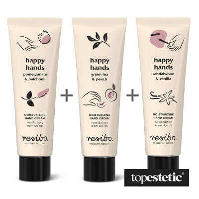 Resibo Resibo Happy Hands Trio Set ZESTAW Krem do rąk - granat i paczula 50 ml + Krem do rąk - zielona herbata i brzoskwinia 50 ml + Krem do rąk - drzewo sandałowe i wanilia 50 ml