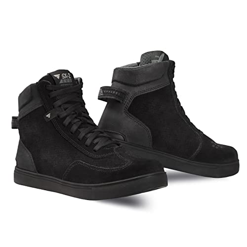 SHIMA SX-2 EVO męskie buty motocyklowe - skórzane, wzmocnione, przewiewne trampki motocyklowe z ochraniaczami kostki, antypoślizgową podeszwą i nadkładką zmiany biegów (Czarne, 44)