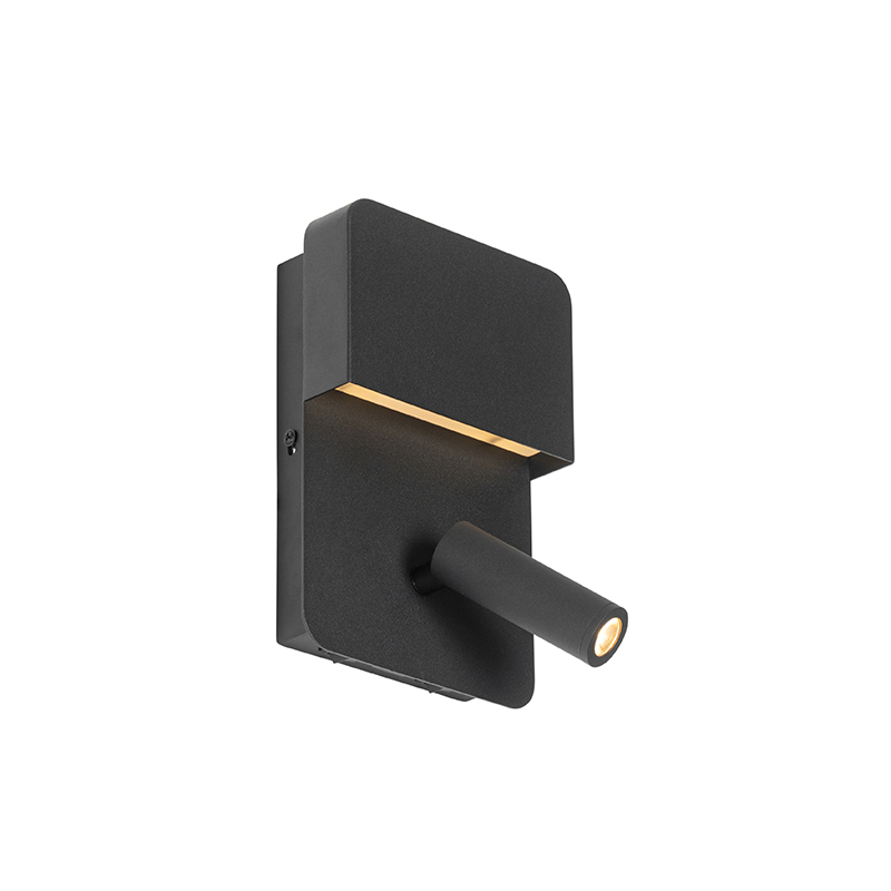 QAZQA Nowoczesna lampa ścienna czarna w tym LED z USB i lampką do czytania - Robin