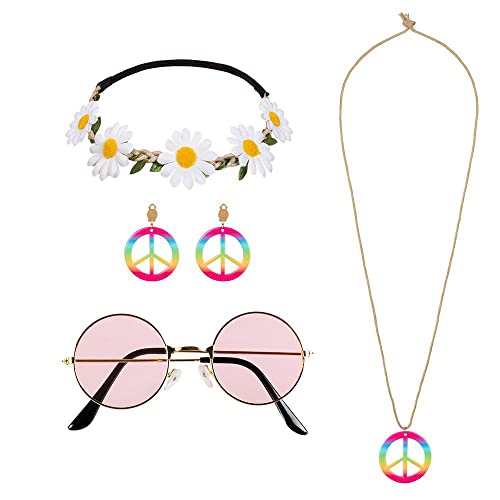 Boland 44551 - Zestaw kostiumowy Hippie Deluxe, opaska na czoło, okulary imprezowe, kolczyki i naszyjnik, Flower-Power, lata 70, karnawał, impreza tematyczna