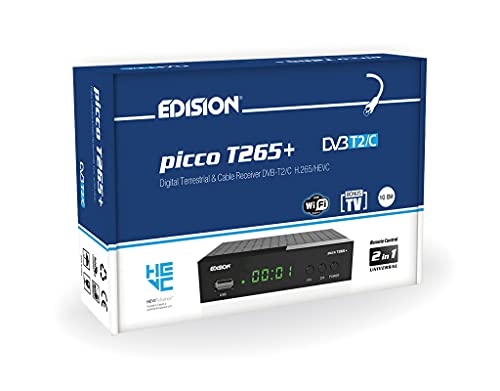 Dekoder dvb-t2 hevc EDISION PICCO T265+ naziemnej i kablowy Odbiornik, DVB-T2/C H.265, FTA, Full HD, PVR, USB, HDMI, SCART, S/PDIF, IR, Obsługa USB WiFi, Uniwersalny pilot 2w1