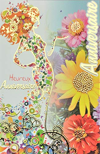 Afie Kartka z życzeniami na urodziny, dla kobiet, sukienka kwiatowa, pozłacana, wyprodukowana we Francji 65-1233