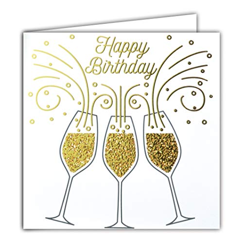 Afie Karta, kwadratowa, złota, Happy Birthday, szczęście, urodziny, flety szampana, wino, bąbelki Petillant, impreza 22038