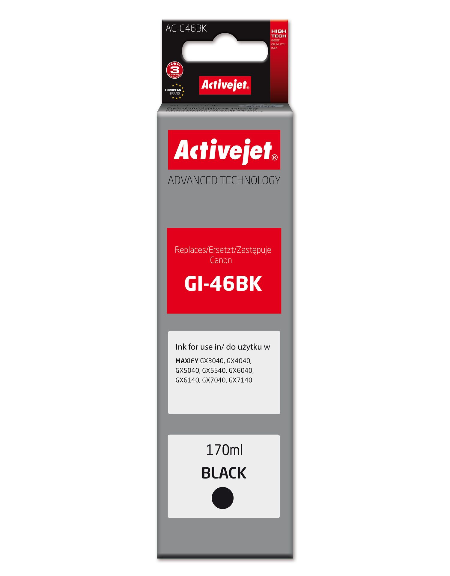 Activejet AC-G46BK Buteleczka z tuszem do drukarki Canon, Zamiennik Canon GI-46BK; Supreme; 170 ml; czarny