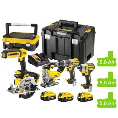 DeWALT Zestaw combo 5 narzędzi wkrętarka udarowa + zakrętarka udarowa + wyrzynarka akumulatorowa + pilarka tarczowa + lampa przegubowa