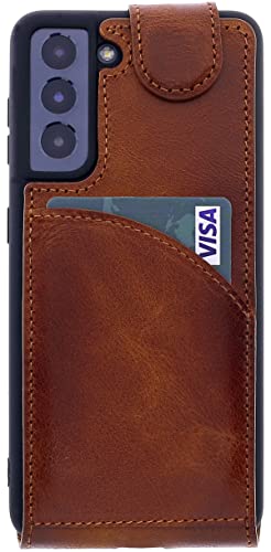 Burkley Skórzane etui do Samsung S21+ etui na telefon komórkowy z uchwytem na karty - Vintage Flip Style Case do Galaxy S21 Plus pokrowiec na telefon komórkowy unisex - brązowy siodłowy