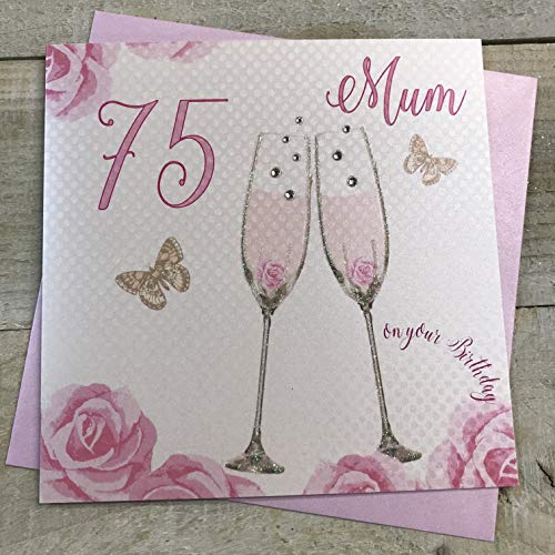 WHITE COTTON CARDS 'Happy 75th Birthday' kartka mama kieliszki do szampana różowe róże od białych bawełnianych kart SS42-M75 SS42-M75