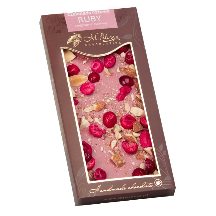 M.PELCZAR CHOCOLATIER Różowa czekolada Ruby z migdałami i żurawiną 85g 5902768996807