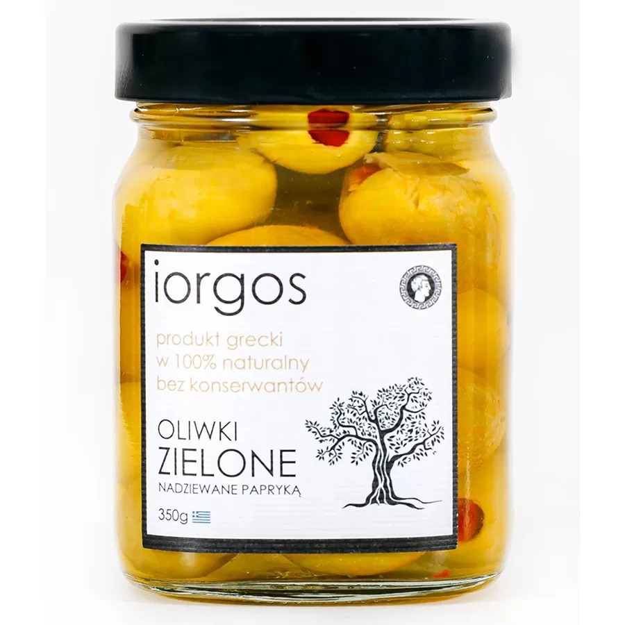 Iorgos Greckie Oliwki Zielone z Papryką 210g - Iorgos