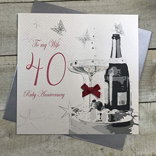 WHITE COTTON CARDS białe bawełniane kartki 'Large to My Wife' Ruby Wedding', ręcznie robione karty z okazji 40-tej rocznicy, białe, XLBD40W XLBD40W