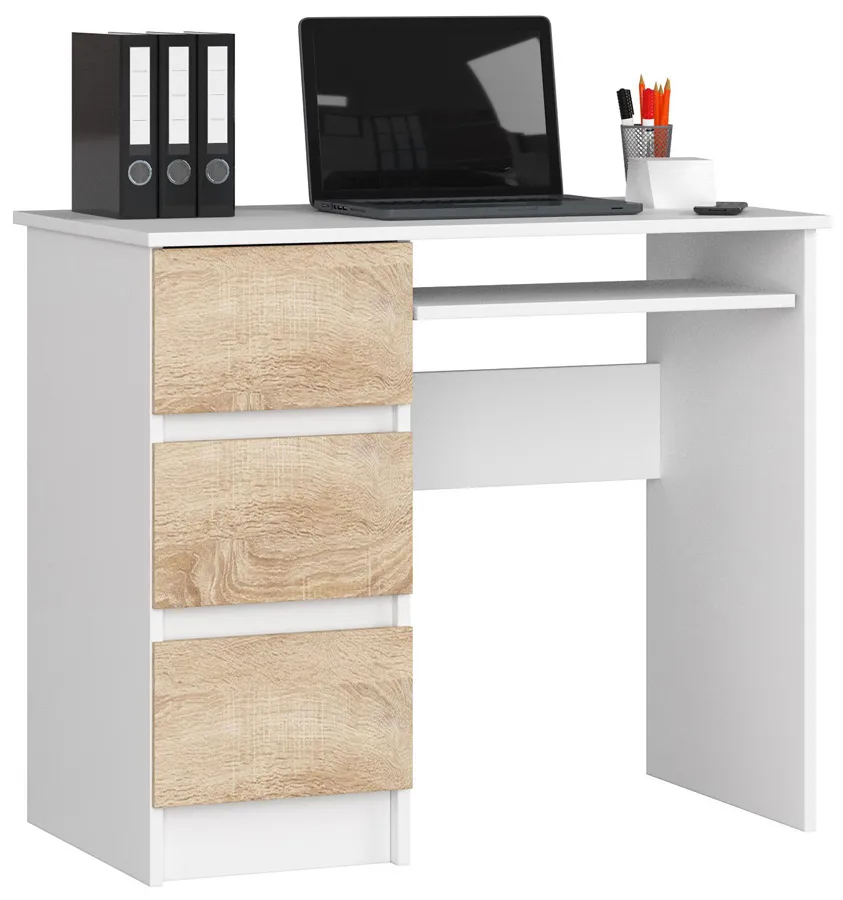 Elior Minimalistyczne biurko do nauki białe + dąb sonoma R2-A49