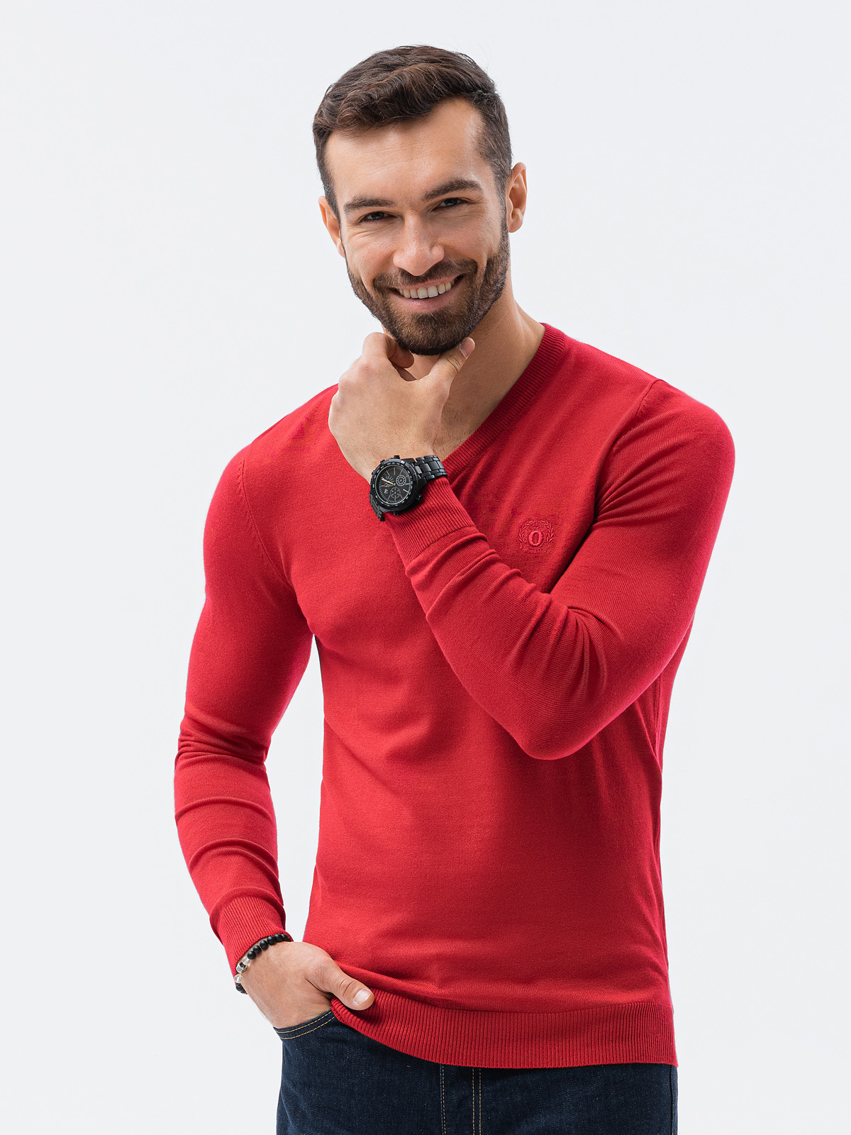 Sweter męski z haftem - czerwony V20 E191