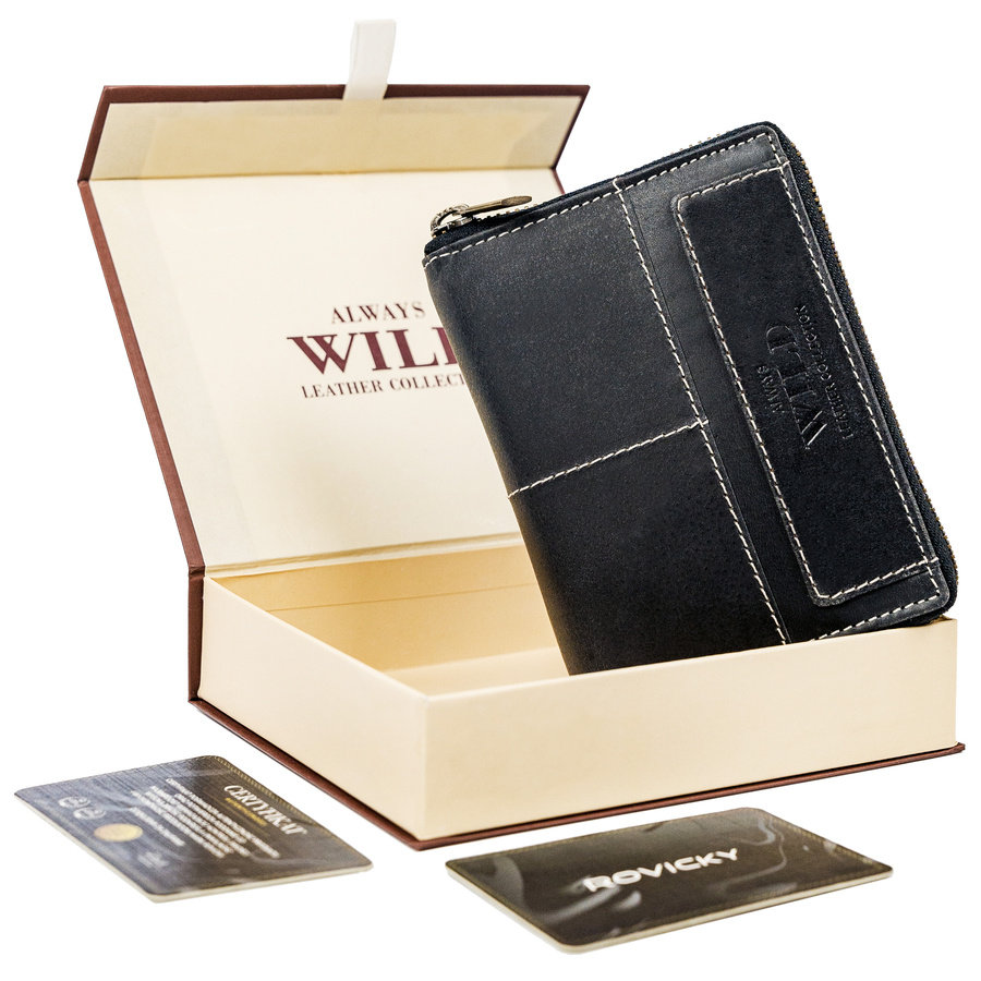 Skórzany, pionowy portfel męski na zamek w stylu retro, RFID — Always Wild