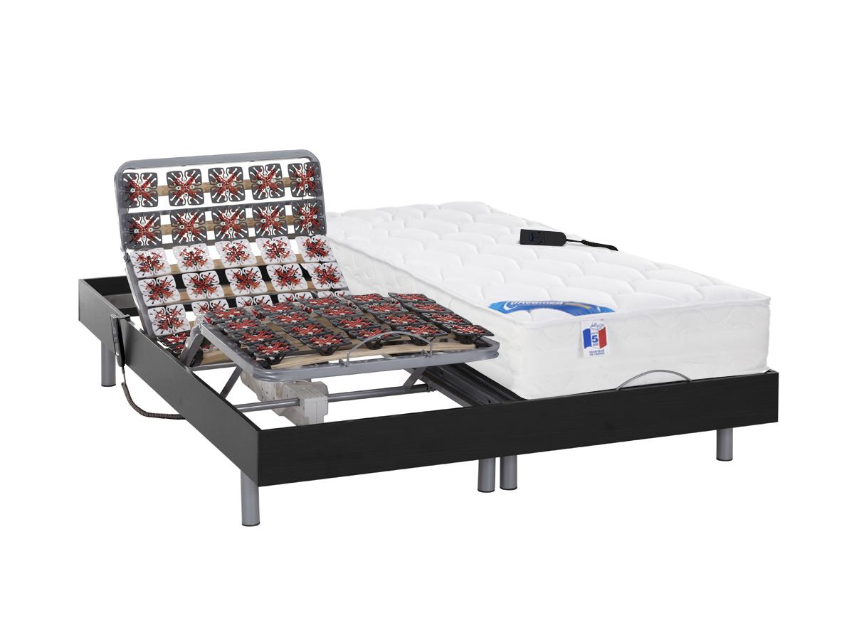 Łóżko elektryczne z systemem relaksu ze stelażem płytkowym, materac ze sprężynami kieszeniowymi i pamięcią kształtu PHANES DREAMEA - silniki OKIN - Kolor czarny - 2x80x200 cm