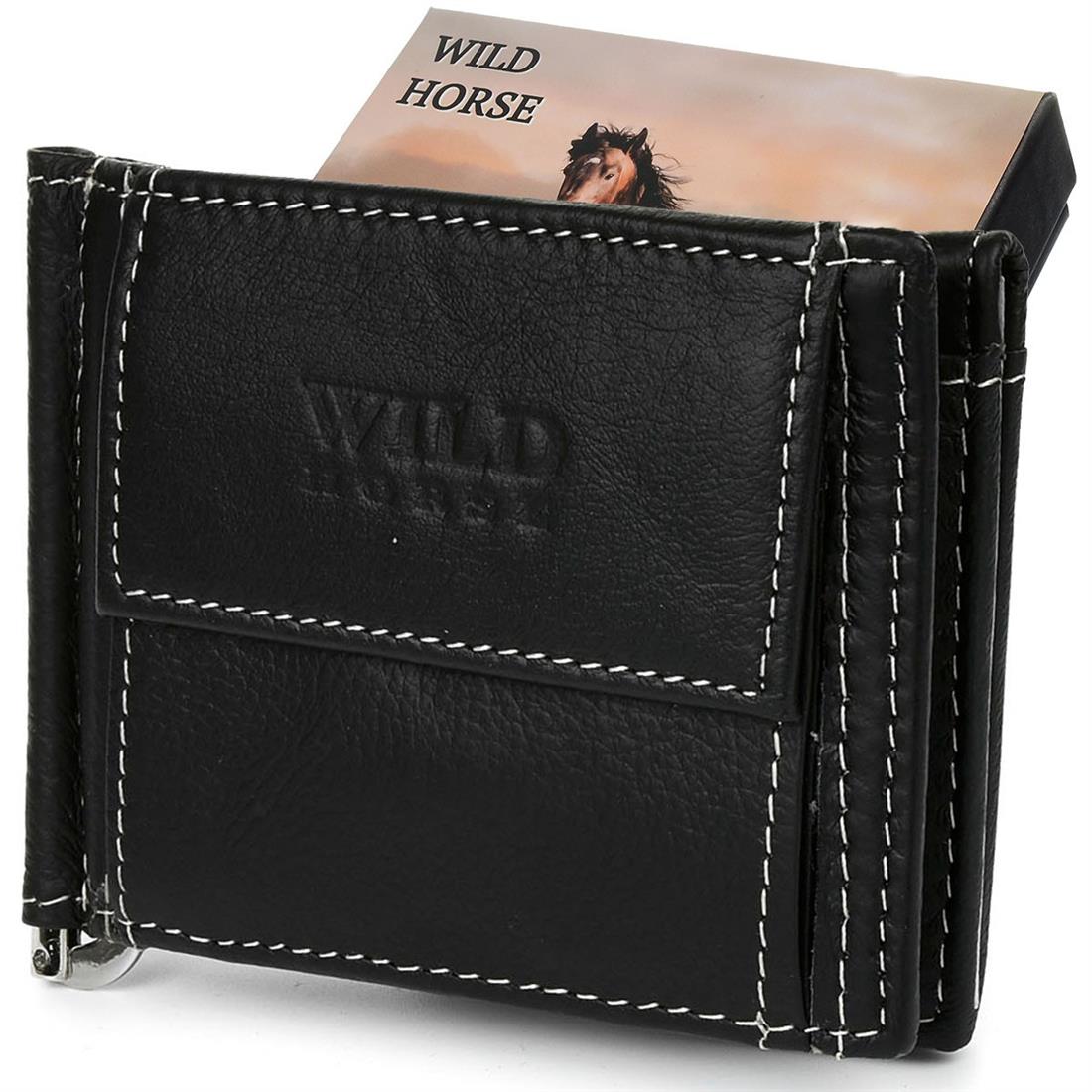 Wild Portfel męski skórzany mały czarny z wsuwką na banknoty RFiD Horse L47