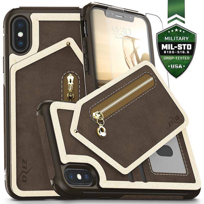 Zizo Nebula Wallet Case Skórzane etui iPhone X z kieszeniami na karty + saszetka na zamek + szkło 9H na ekran (Dark Brown/Brown)