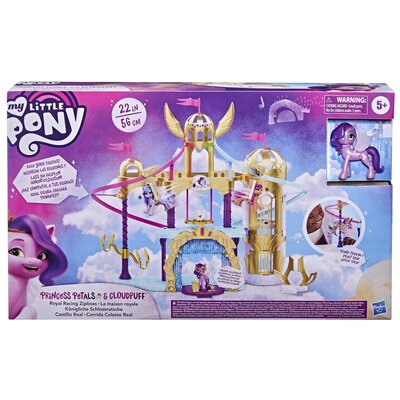 Hasbro Zamek królewski z linami do zjeżdżania z filmu Nowe pokolenie, zestaw do zabawy z zamkiem o wysokości 56 cm, z 2 ruchomymi linami do zjeżdżania, figurka Księżniczki Petals F2156