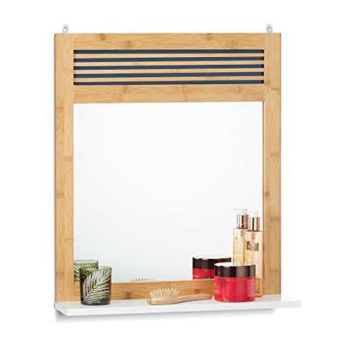Relaxdays Lustro łazienkowe z półką, zdobione lustro ścienne, bambusowe lustro łazienkowe (wys. x szer. x gł.): 61 x 53 x 15 cm, kolor naturalny biały standard