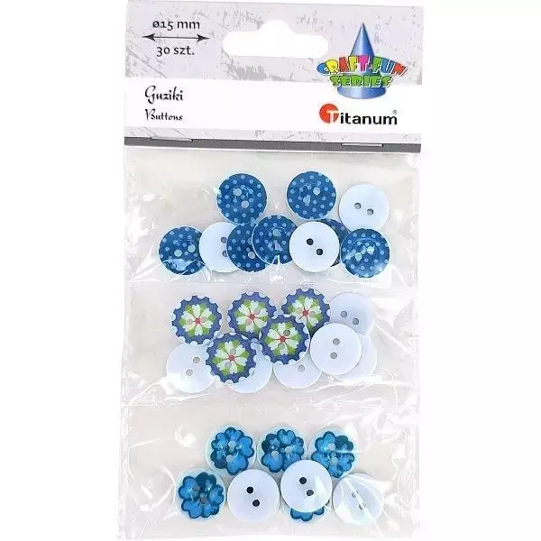 Guziki plastikowe okrągłe 15mm niebies mix 30szt - Titanum
