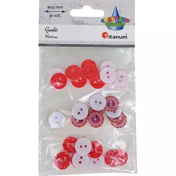 Guziki plastikowe okrągłe 15mm czerwone mix 30szt - Titanum