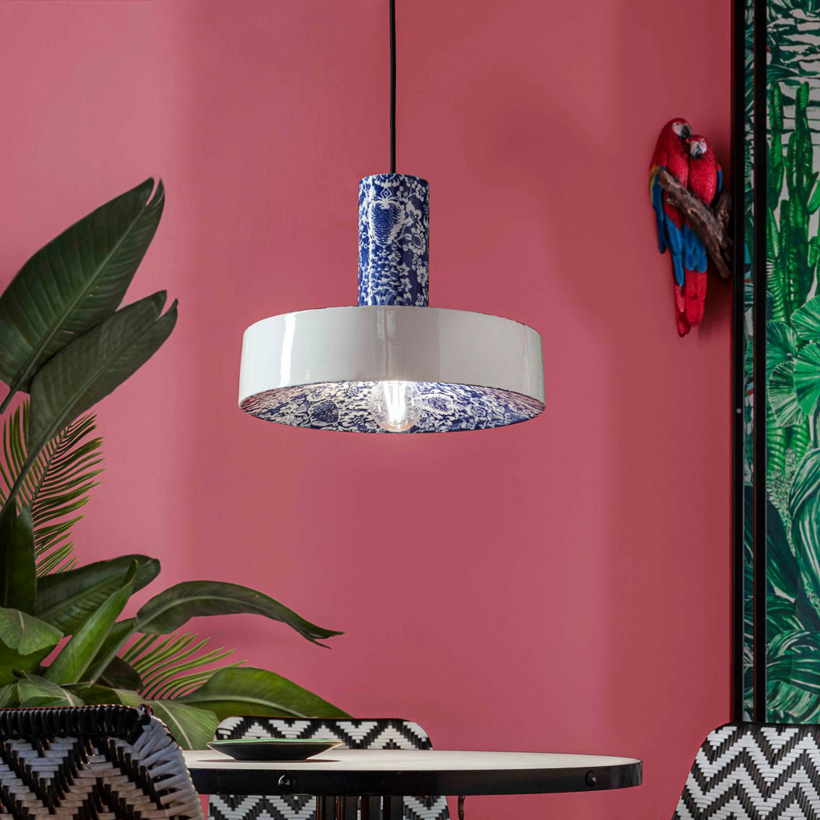 Ferroluce Lampa wisząca PI w kwiaty, 35cm, niebieska/biała