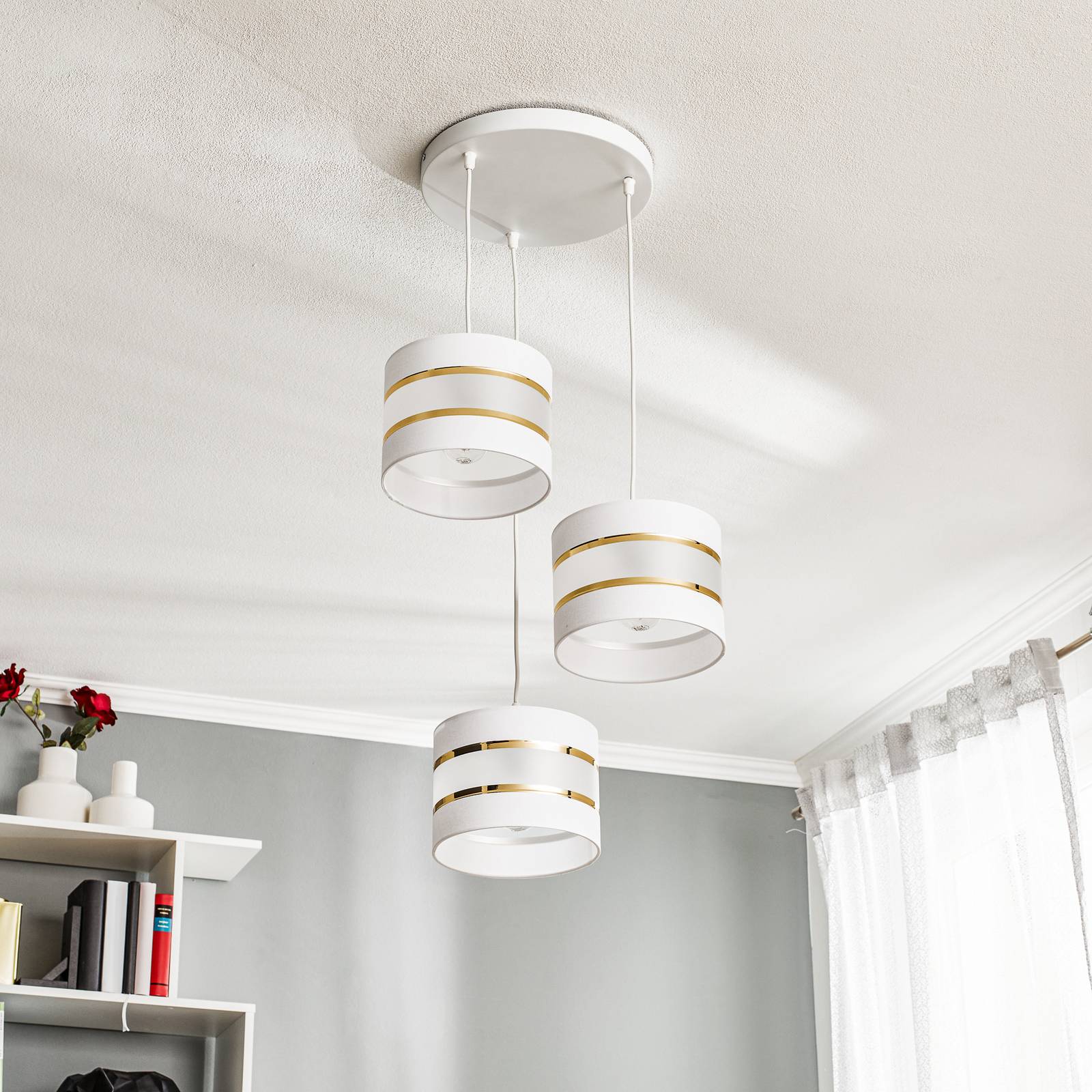 Lampa wisząca Helen okrągła biało-złota 3-punktowa