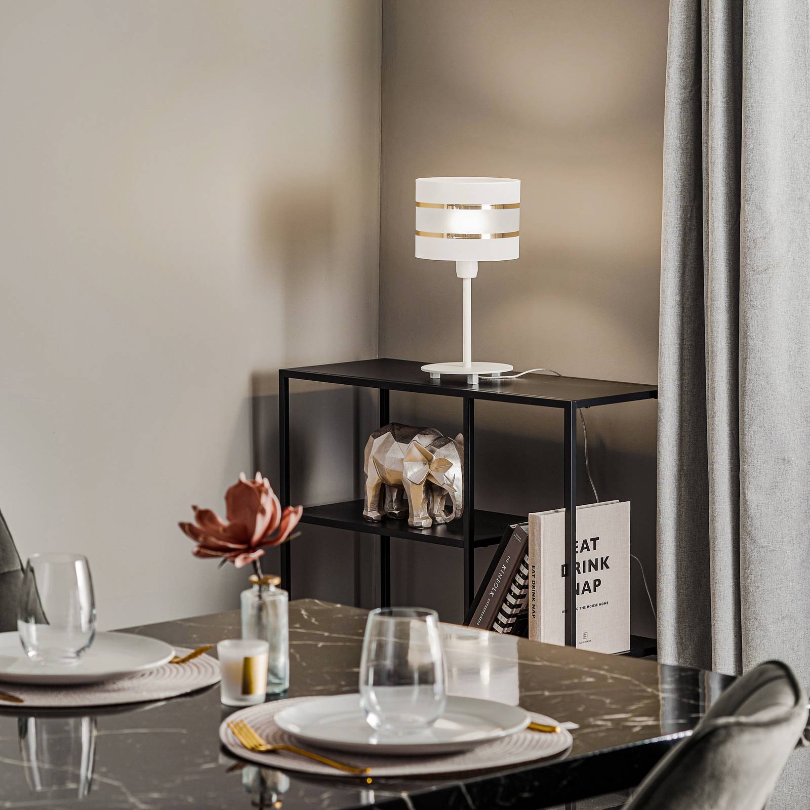 Lampa stołowa Helen, tekstylny klosz biało-złota