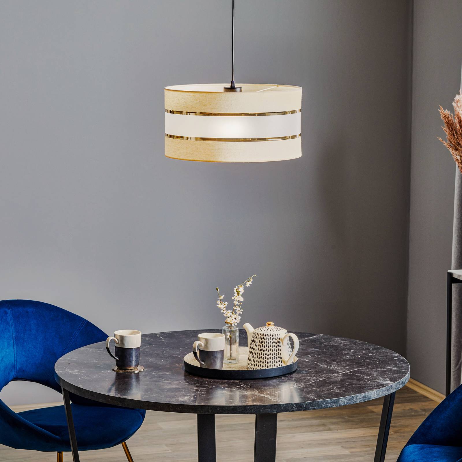 Lampa wisząca Helen tekstylna ecru-złota, Ø 40 cm