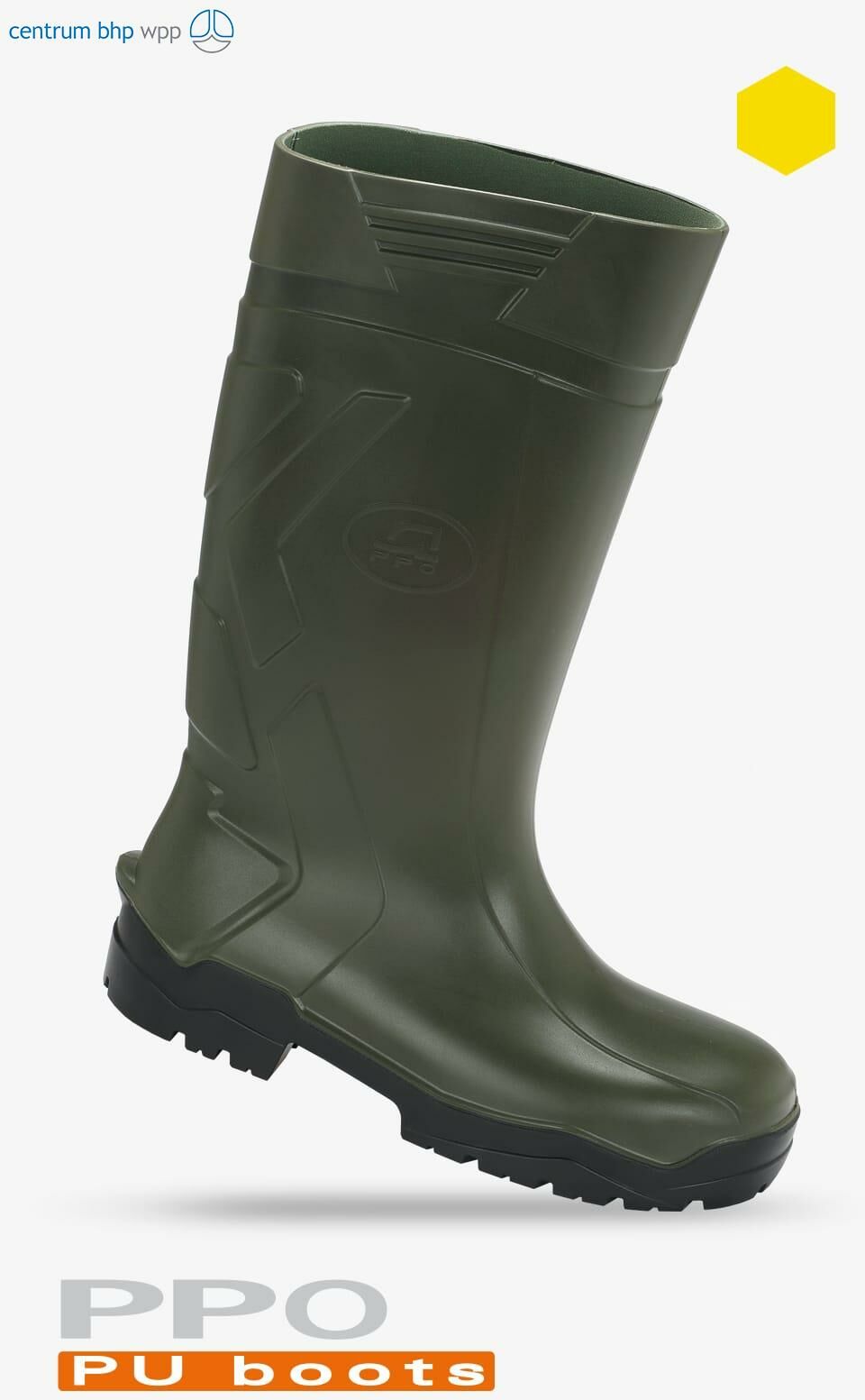 BUTY ZAWODOWE Z POLIURETANU BEZ PODNOSKA PPO STRZELCE OPOLSKIE MODEL 1002, PN-EN ISO 20347, O4, FO, CI, SRC