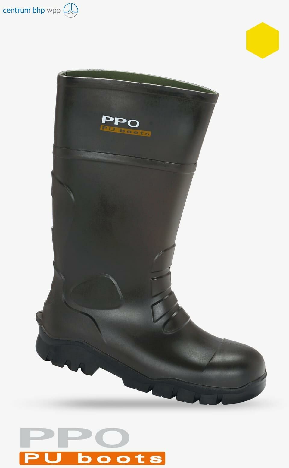 BUTY BEZPIECZNE Z POLIURETANU Z METALOWYM PODNOSKIEM PPO STRZELCE OPOLSKIE MODEL 2048, PN-EN ISO 20345, S4, CI, SRC