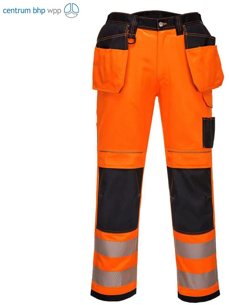 PORTWEST PW306 SPODNIE OSTRZEGAWCZE PW3 STRETCH Z KIESZENIAMI KABUROWYMI; POMARAŃCZOWY/CZARNY