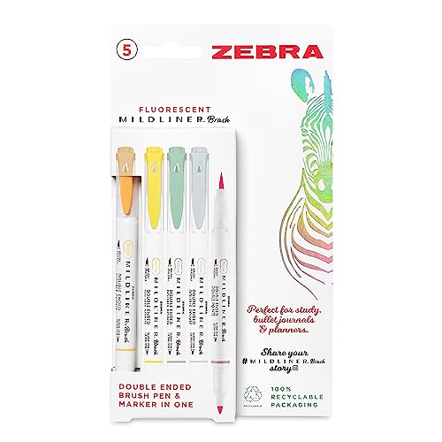Zebra Pen Mildliner długopis z podwójnym zakończeniem, pędzel i super cienkie końcówki punktowe, różne kolory atramentu, 5 sztuk