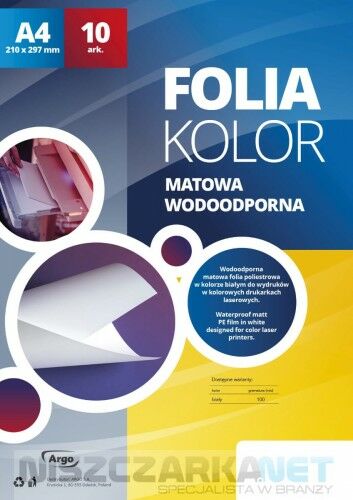 Argo Folia do drukarek laserowych kolorowych LX A4 opk 10 arkuszy Wodoodporna Matowa