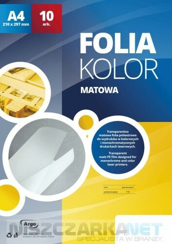 Argo Folia do drukarek laserowych kolorowych LX A4 opk 10 arkuszy Matowa