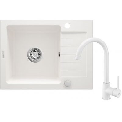 Deante Zorba Zestaw Zlewozmywak granitowy jednokomorowy 58x44 cm + bateria + syfon alabaster ZQZAA11A