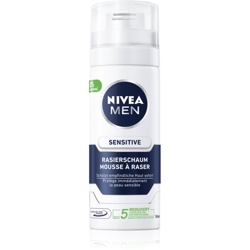 Nivea Men Men Sensitive pianka do golenia w opakowaniu (1 x 50 ml), pianka do golenia w praktycznym rozmiarze, delikatna pianka do golenia dla mężczyzn 81724-01000-19