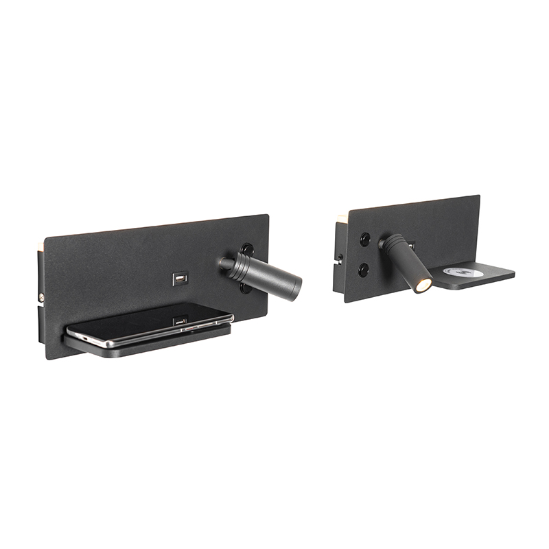 QAZQA Professional Zestaw 2 kinkietów czarnych w tym LED z USB i ładowarką indukcyjną - Riza